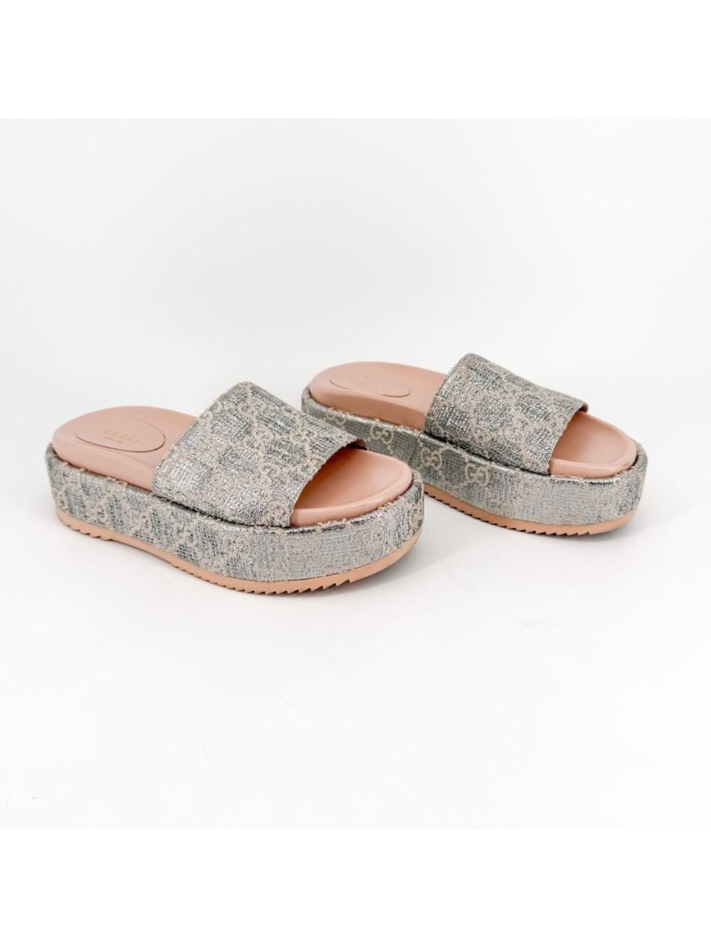 Gucci Angelina Metallic Silver GG Platform Slide Sandals Size 37 US 7 Women’s